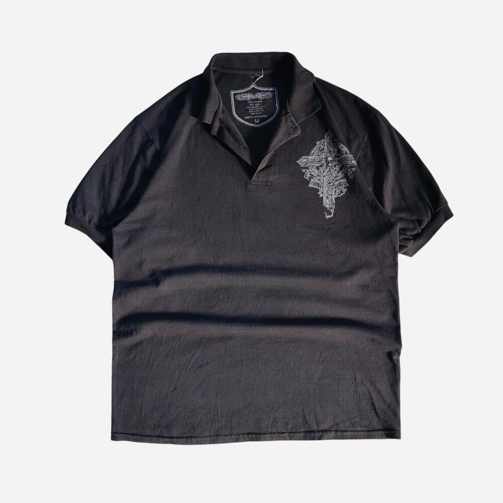 Y2K Statik Skater Grunge Black Cotton Lightweight Polo Shirt